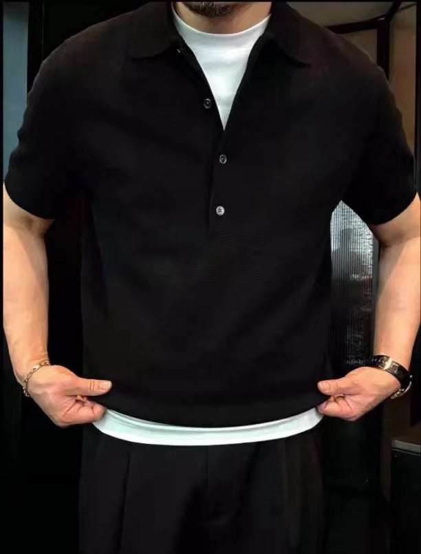 Solid Color Polo Collar Polo Shirt Men's Simple Style Slim Fit High Knitted Top