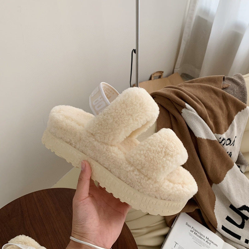 Autumn And Winter Furry Teddy Wool Sponge Cake Platform Slippers