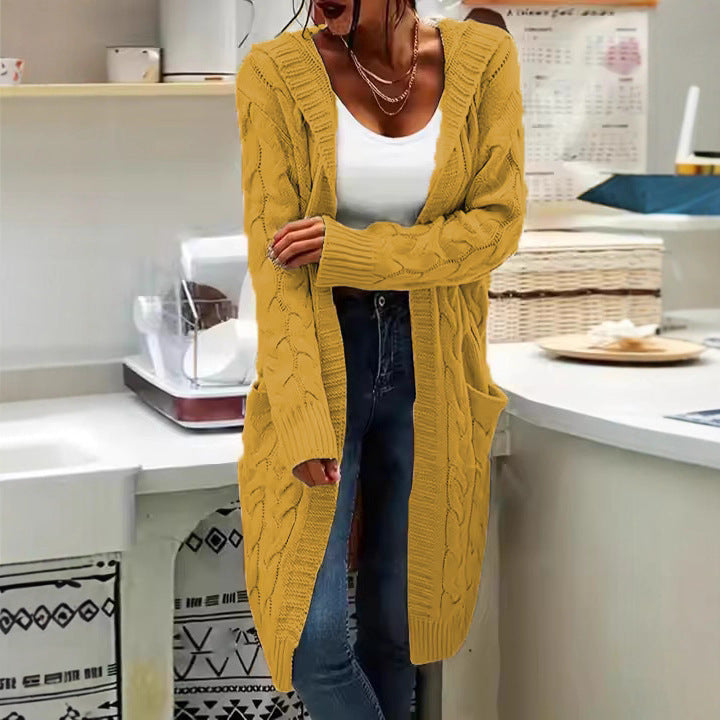 Long Knitted Plus-size Solid-color Sweater With Long Sleeves And Pockets