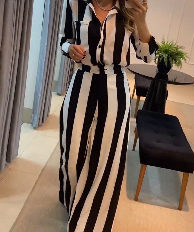 Casual Fashion Black And White Striped Button Pocket Design Shirt Wide Leg Pants Two-piece Set