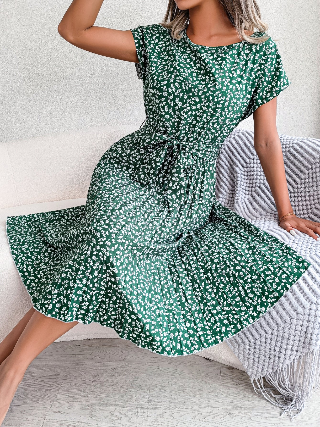 Women   Casual Short Sleeve Floral Print Flowy Pleated Skirt