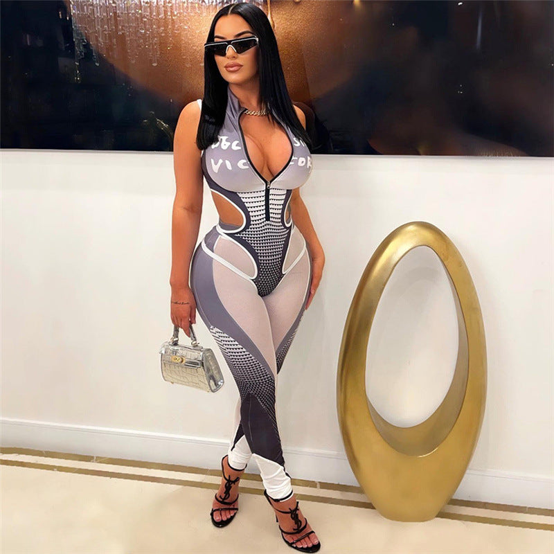 Udhulet printet jumpsuit med mesh-syning, afslappet buksesæt