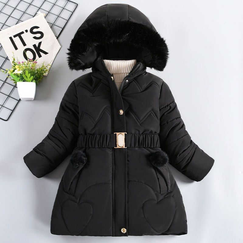 Girls' Mid-length Fleece-lined Thickened Cotton Coat