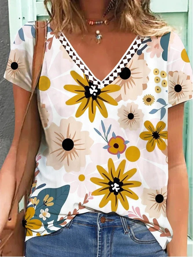 Sommer printet kortærmet V-hals T-shirt til kvinder