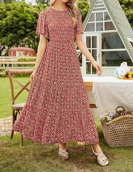 Women's Short-Sleeve Crew-Neck Bohemian Beach Dress