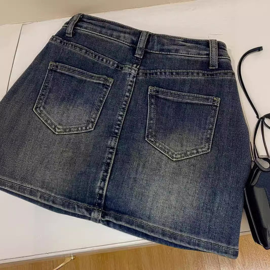 Retro Blå Højtaljet Slankende Denim Nederdel Til Kvinder