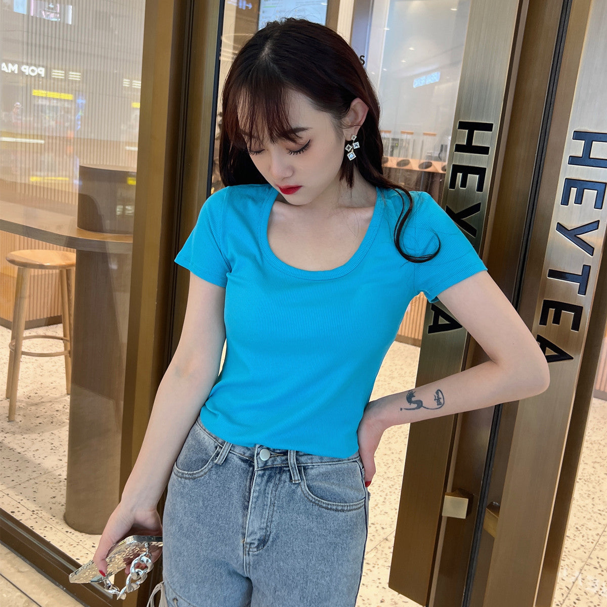 Threaded Cotton Short  T-Shirt Versatile Round Neck Half Sleeve Top