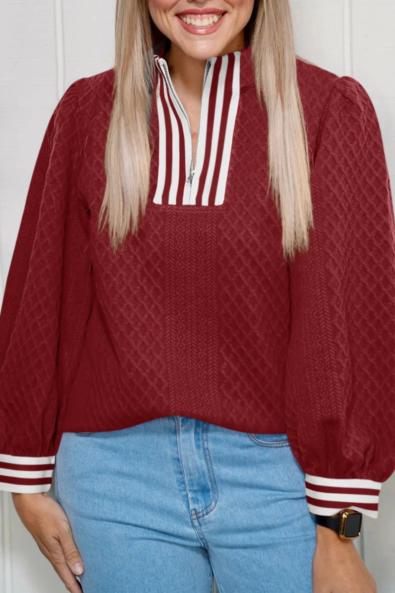 Racing Red Diamond-Texture Striped Patchwork Zip-Neck Pullover Sweater