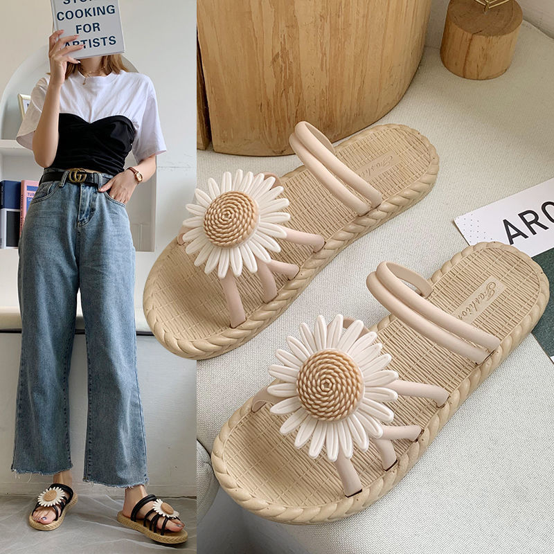Outer Wear Student Fairy Style Flat Sandals And Slippers With Small Wrinkle Chrysanthemum