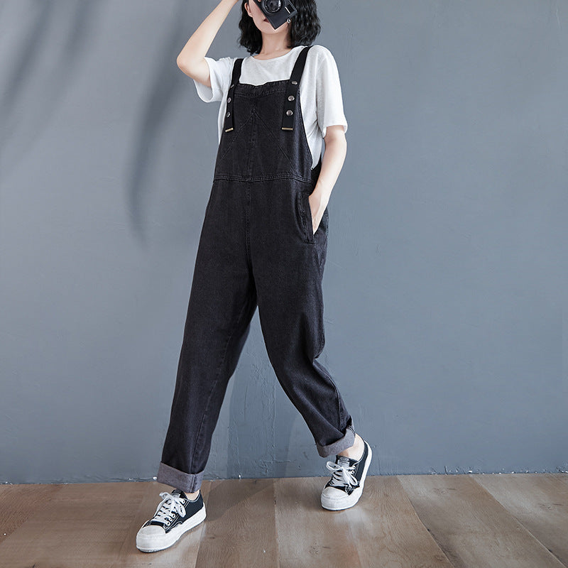 Oversized Loose Pocket Casual Denim One Piece Bib Trousers