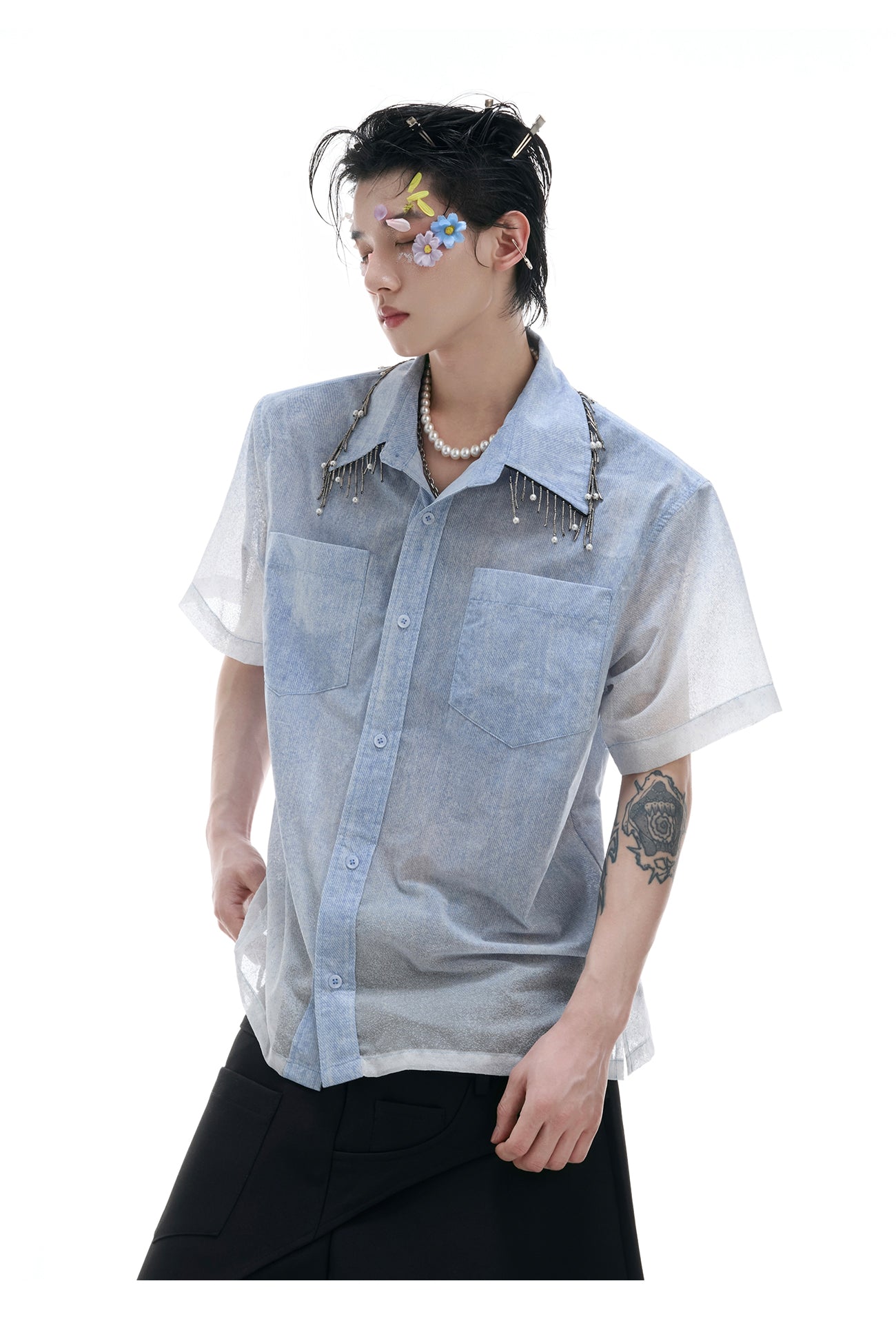 Men's Loose Blue And White Gradient Short Shirt