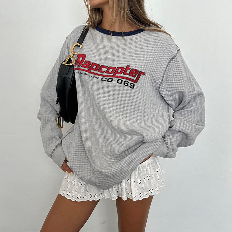 European And American Retro Contrast Color Round Neck Loose Mid-length Long Sleeve Top