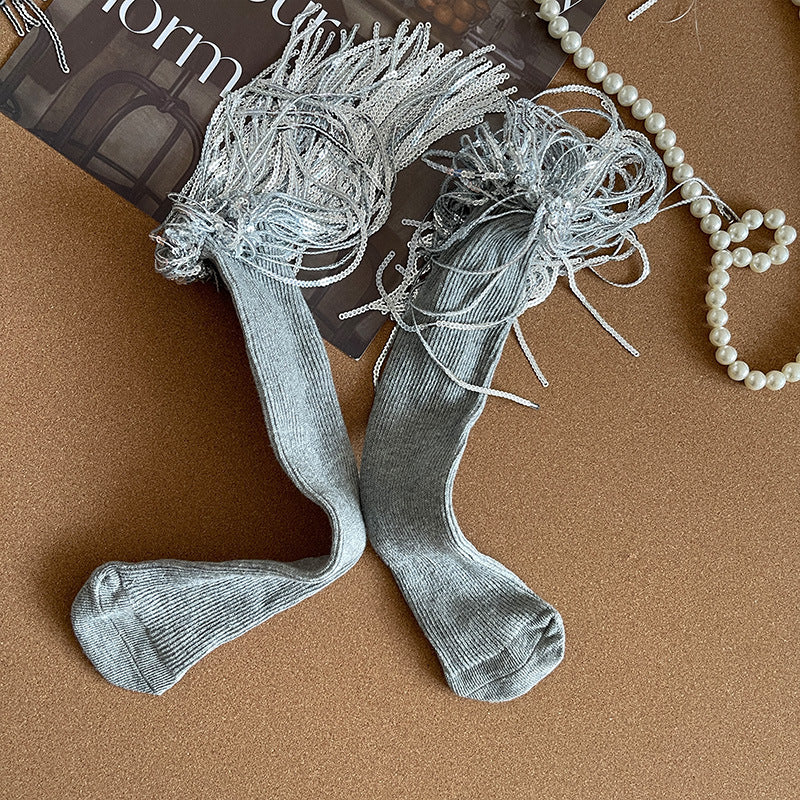 Girls Sequins Tassel Calf Socks