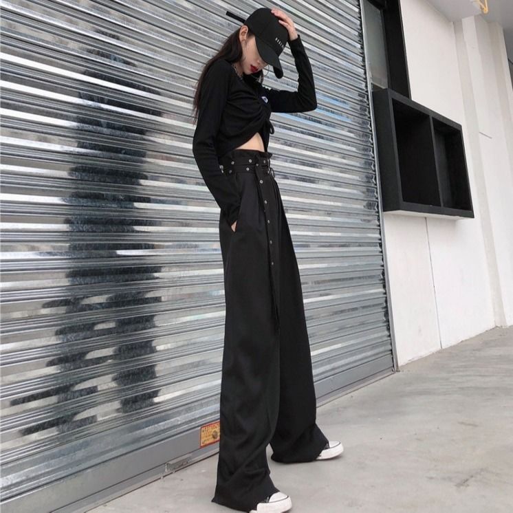Women's High Waist Slim Black Straight Pants Casual Pants
