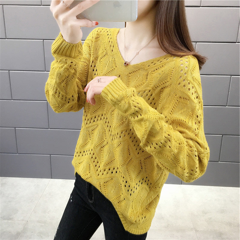 V-neck Loose Hollow-out Pullover Knitwear Batwing Sleeve Thin Sweater