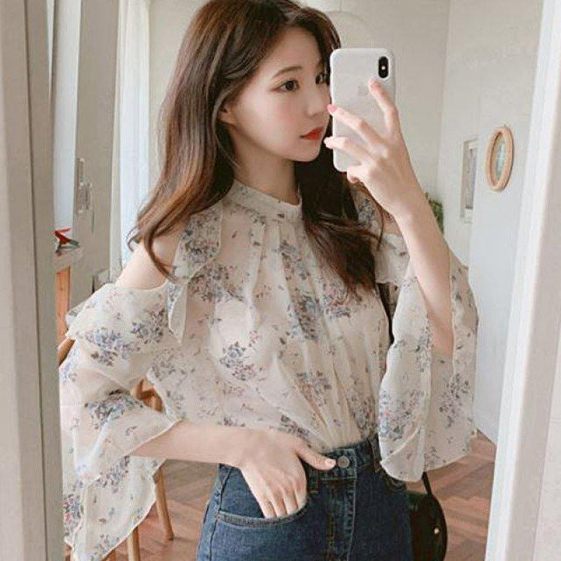Niche Off-the-shoulder Floral Chiffon Shirt Women's Early Spring Temperament Shirt Bell Sleeve Summer Thin Top