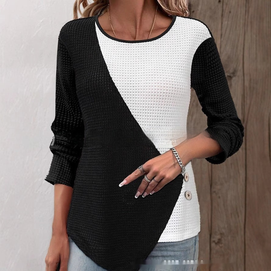 Black And White Color-block Crew Neck Knitted Long-sleeved Top