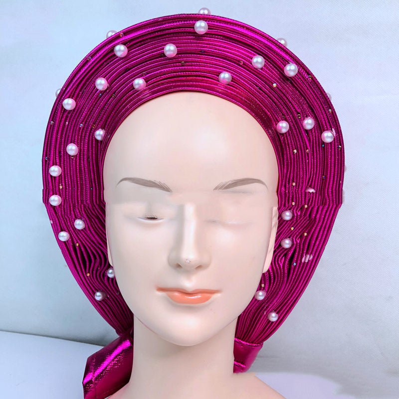 Arabian Large Pearl Women's Jacquard Pleated Braided Turban