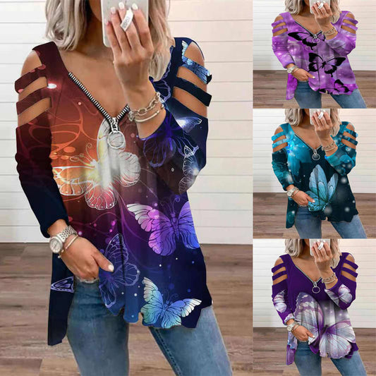 Lynlås pullover, printet langærmet løs T-shirt, dametop