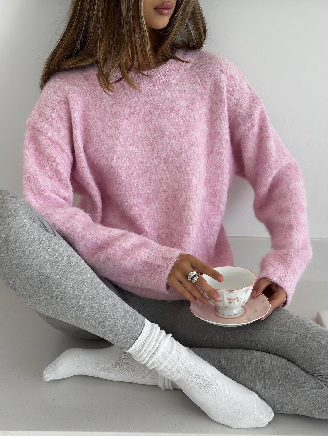 Short-length Gray Pullover Women's Alpaca Round Neck Sweater