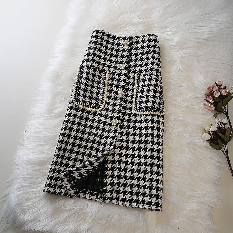 New Fashion Mid-length Female Online Influencer A- Line High Waist Slimming Woolen Plaid Skirt Trendy Style