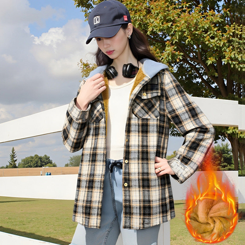 Casual And Loose Hooded Plaid Shirt Top For Women