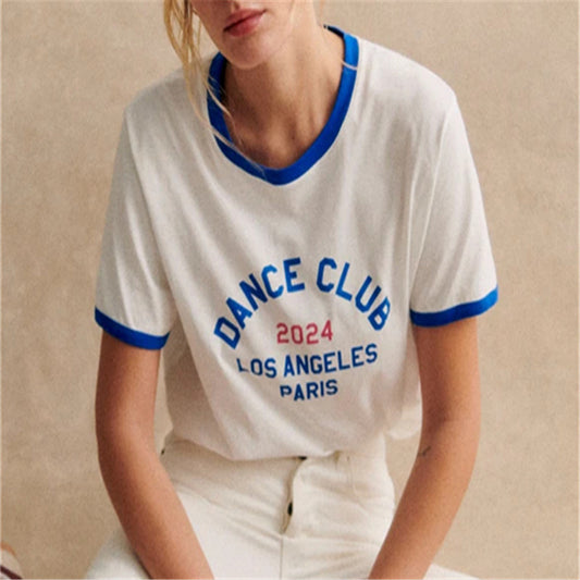 Summer New Retro Casual Letter Print Round Neck Straight Top Short Sleeve
