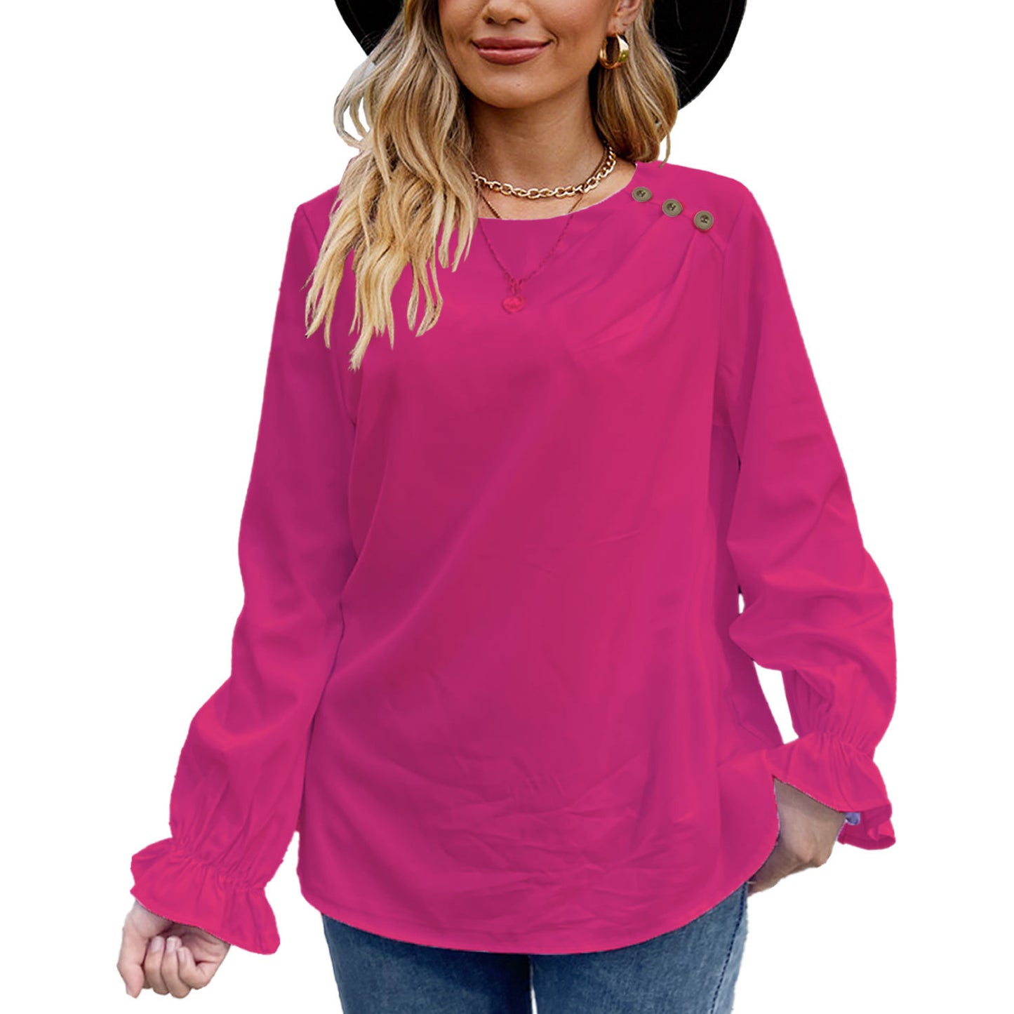 European And American Solid Color Buttons Loose Round Neck Long Sleeve Shirt