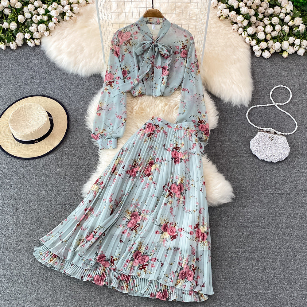 Bow-tie Lace Floral Chiffon High-Waist Pleated Skirt