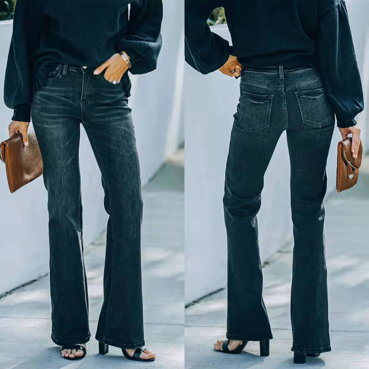 New Cross-border Independent Station European And American Foreign Trade Fashion High Waist Stretch Flared Jeans Women's Trousers Black