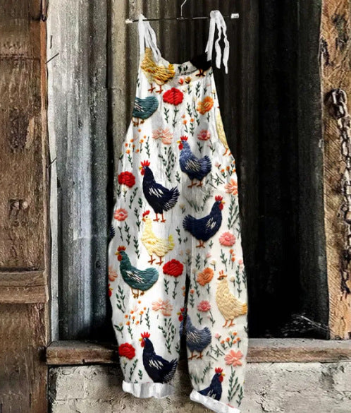 Women's Suspended Pants Sweet Printed Vintage Suspender Pants