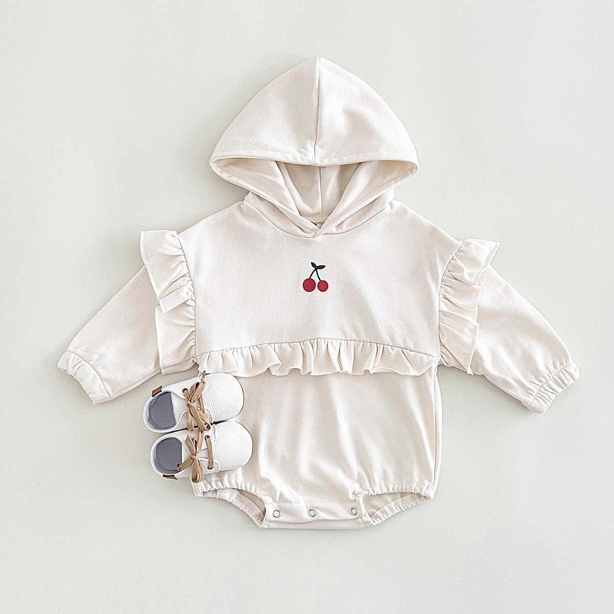 Baby Girl Sweet Cherry Embroidered Long Sleeve Hooded Crawling Suit Jumpsuit