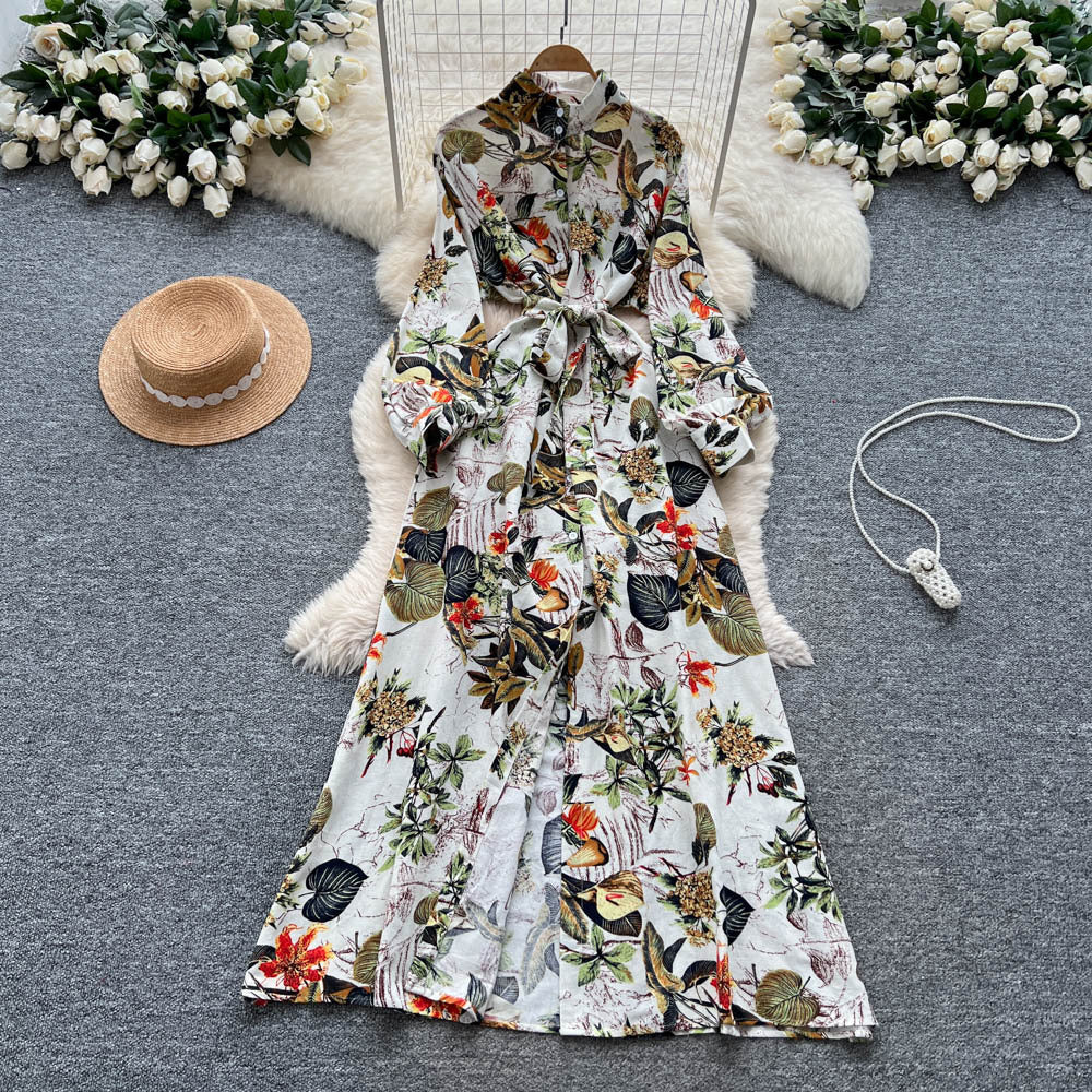 Fransk-inspireret retro elegant enkelttradet blomstret kjole med snøre i taljen til kvinder