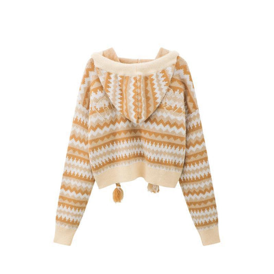Three-dimensional Bear Brown Vintage Hooded Knitted Cardigan Sweater Coat