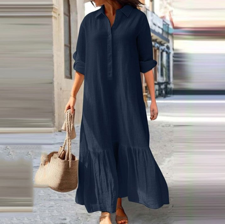 Long Asymmetrical Cotton Linen Dress With A Shirt Collar And Twist Buttons