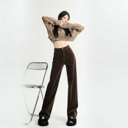 Winter Hot Coffee Brown Corduroy Wide-leg Pants Women