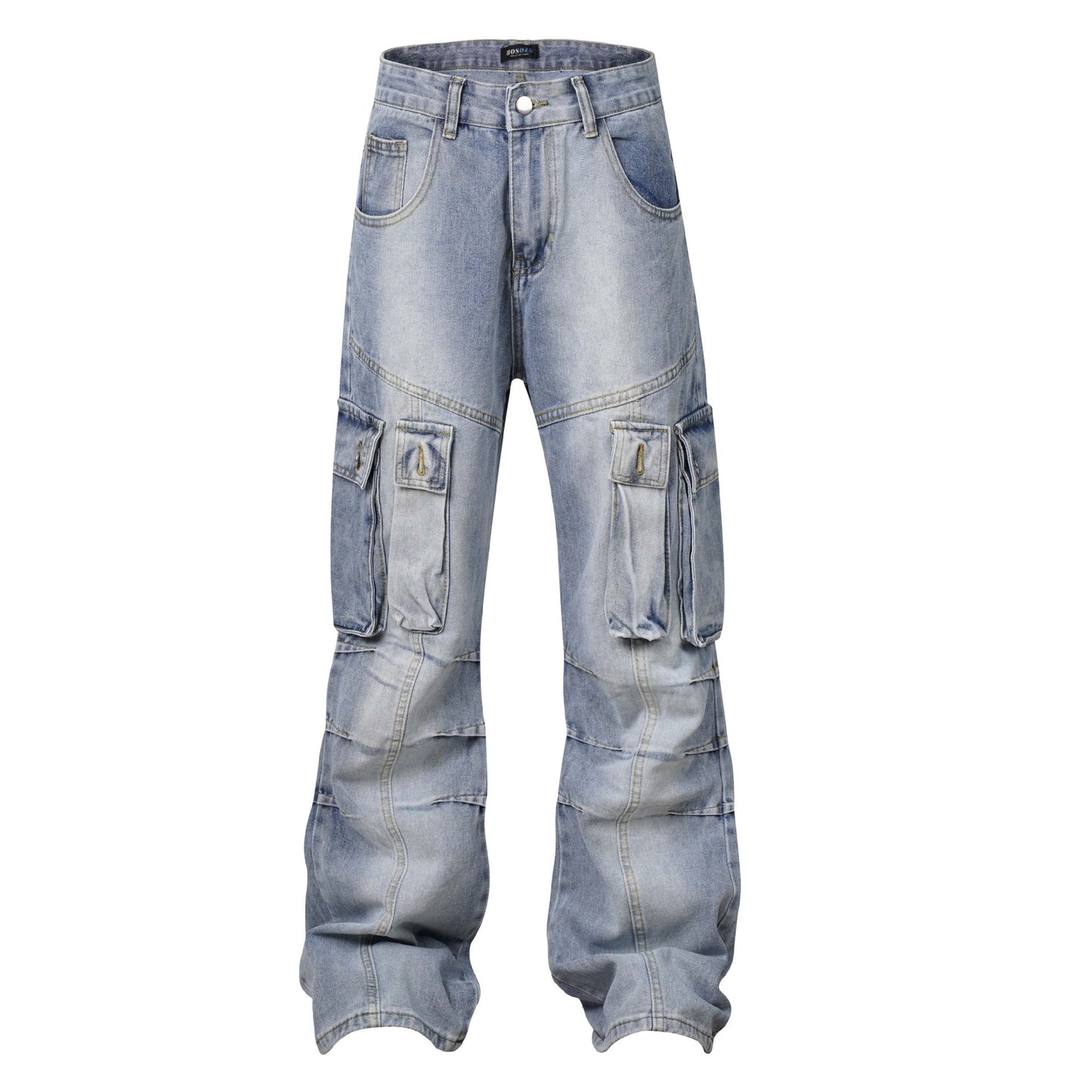 High Street amerikansk vasket slidt plisseret denimheldragt med flere lommer