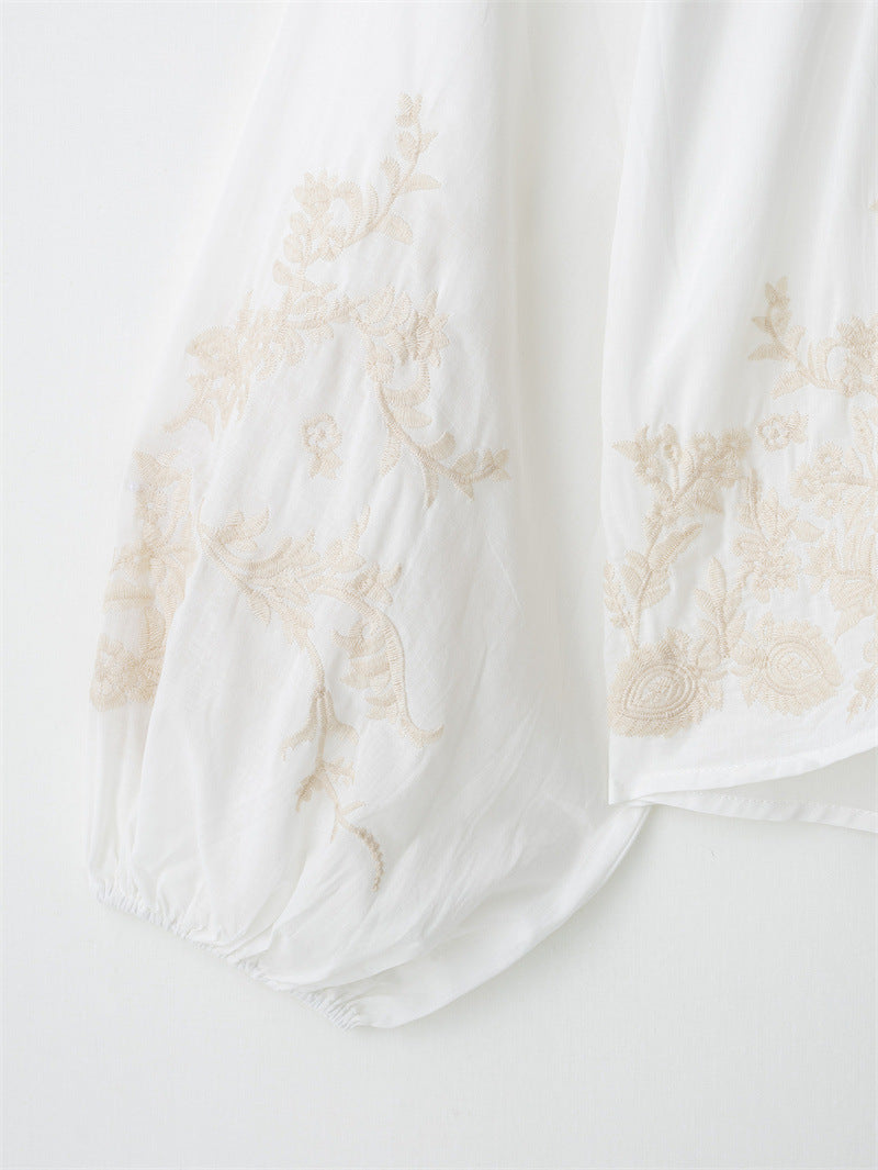 Ethnic Floral Positioning Embroidered Flower Long Sleeve Shirt