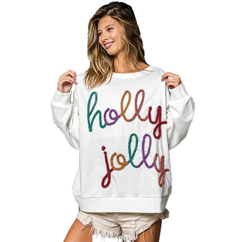 Strikket julesweater med bogstaver, rund hals, lange ærmer og løs pasform