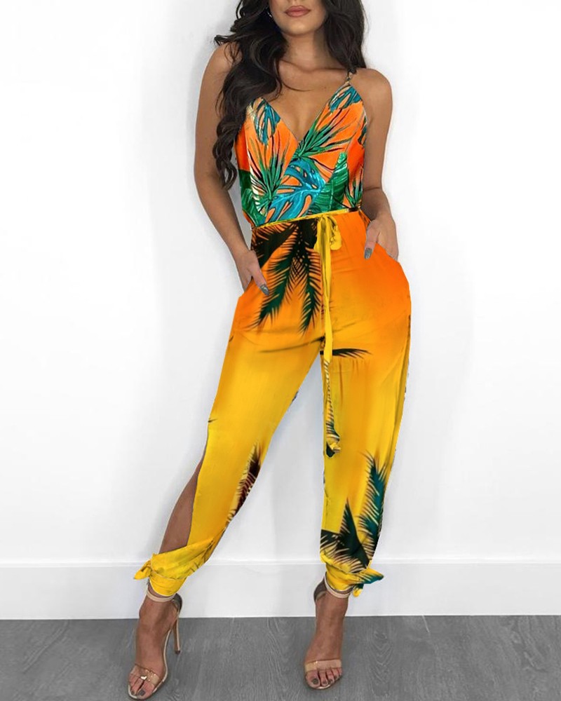 Printed Sleeveless Slit Tie V-Neck Women's Jumpsuit