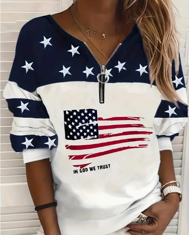 Trendy Afslappet Flag-Sweatshirt Med Halv Lynlås