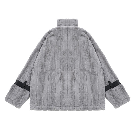 Pocket Color Contrast Patchwork Pu Lamb Wool Stand Collar Coat
