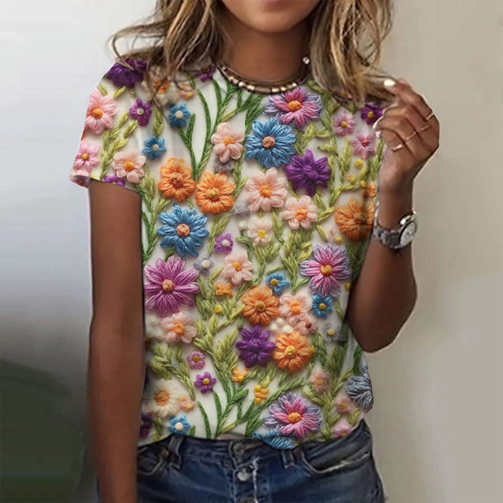 Floral Print Women's T-shirt Short Sleeve Casual Round Neck T-shirt Summer Ladies