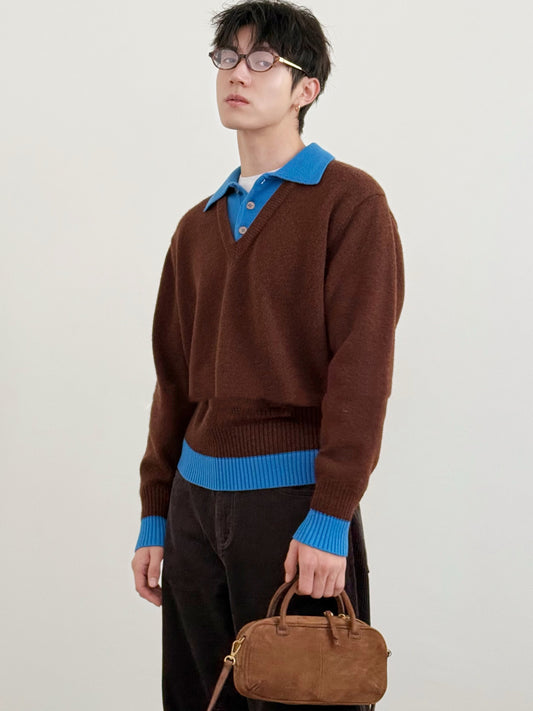 Two-piece-style Sweater With A Contrasting-color Lapel Neckline