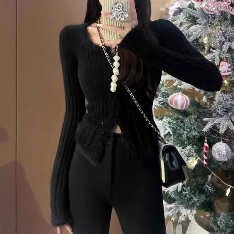 Women's Square Collar Stitching Edging Knitted Cardigan Autumn Winter Coat