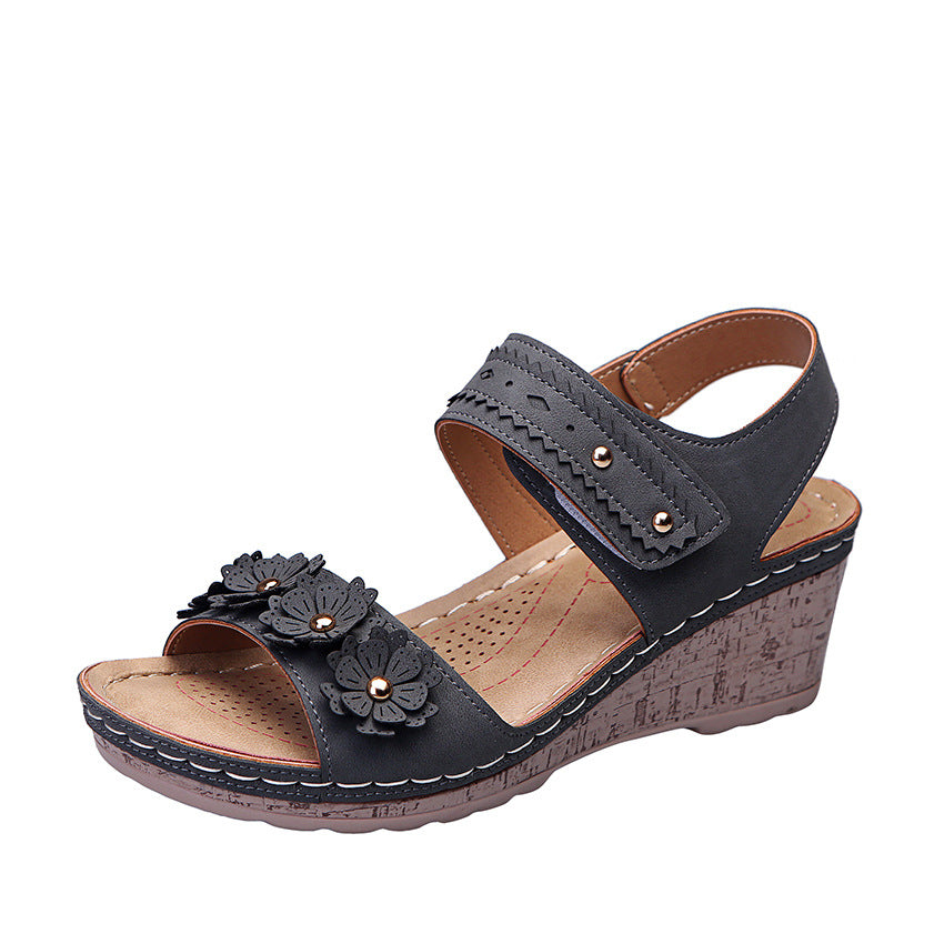 Wedge Heel Laser Cutout Stud Flower Sandals Women's Fish Mouth