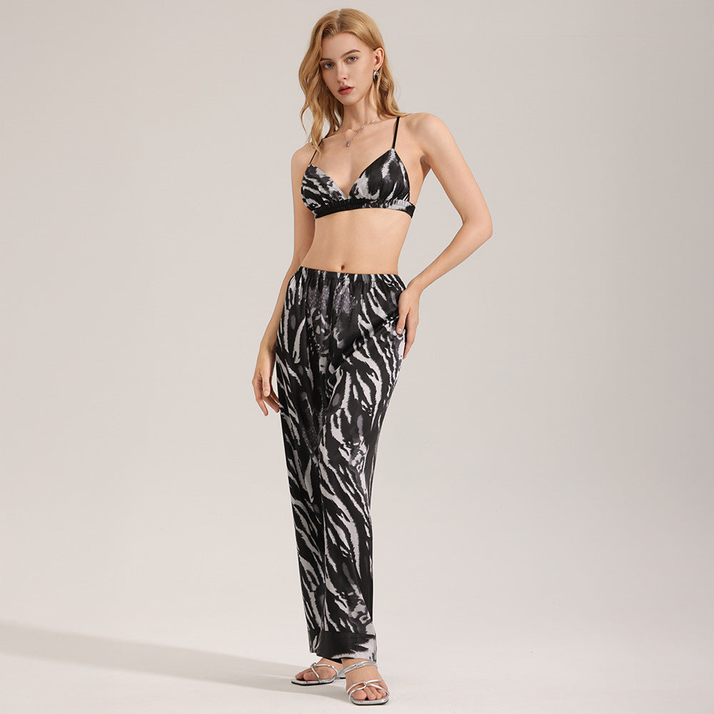 Zebra-Print Satin Chiffon Pajamas For Women Summer Cami Top And Pants Casual Loungewear Set