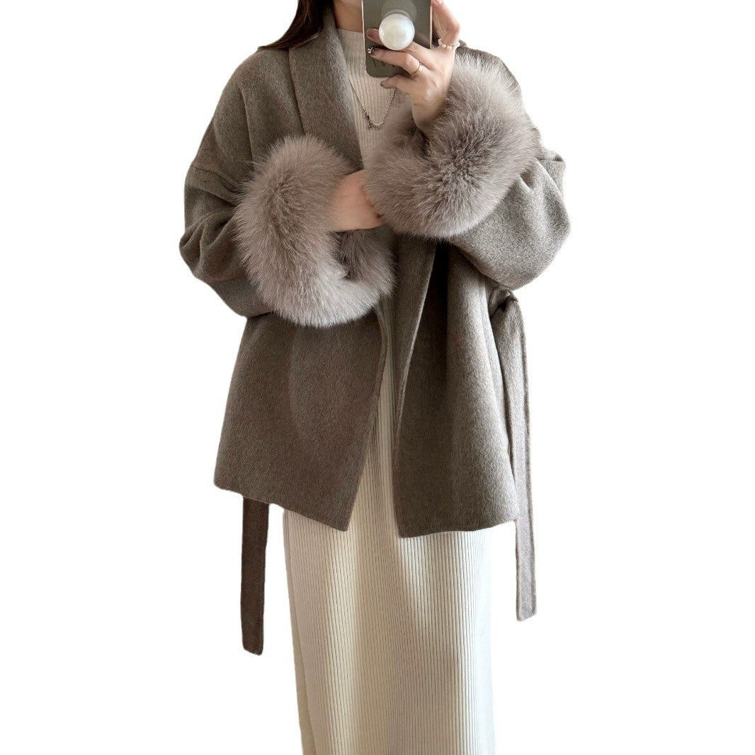 Lace-up Green Collar Double-sided Wool Coat