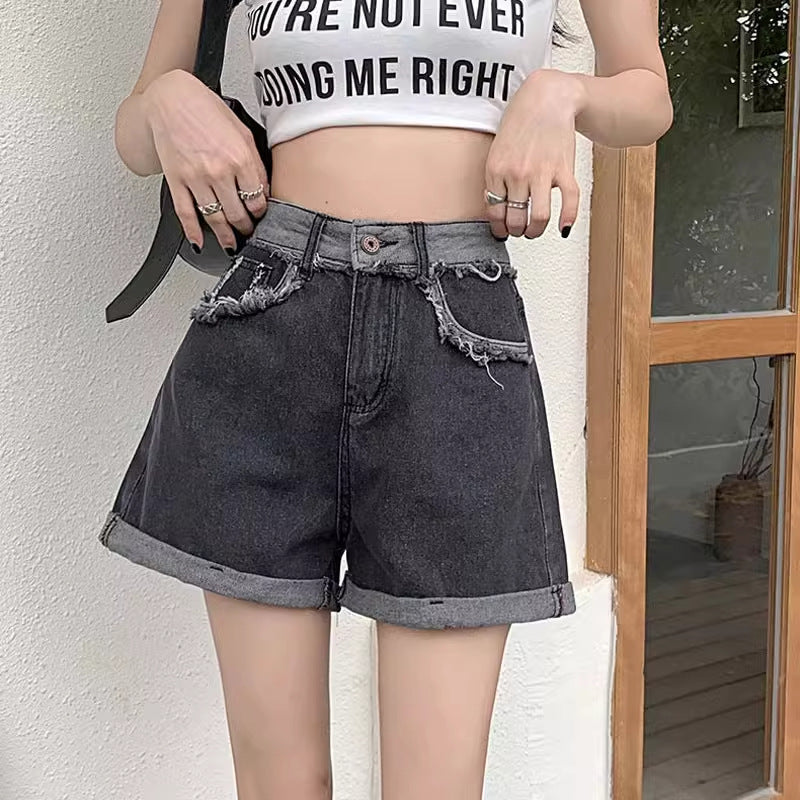 Retro Distressed High-Waist Loose Denim Shorts For Women
