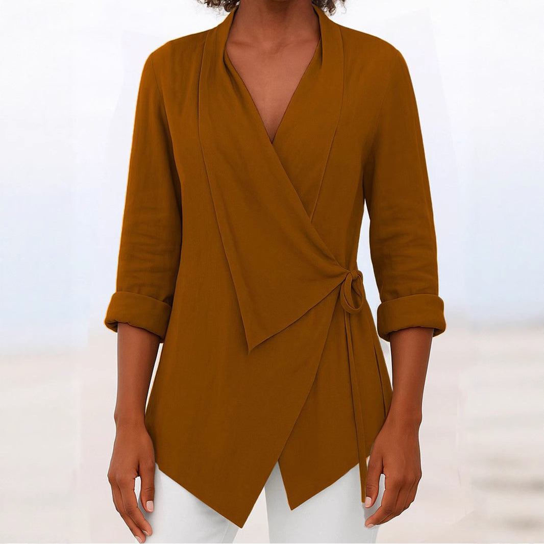 Women's Autumn And Winter V-neck Cotton And Linen Solid Color Shirt